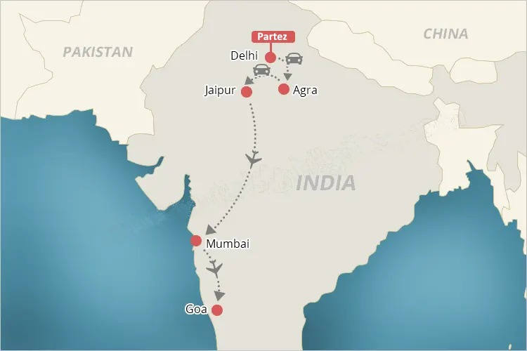 Carte d'itinéraire de voyage en Inde