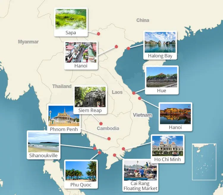 Carte touristique au Vietnam et au Cambodge