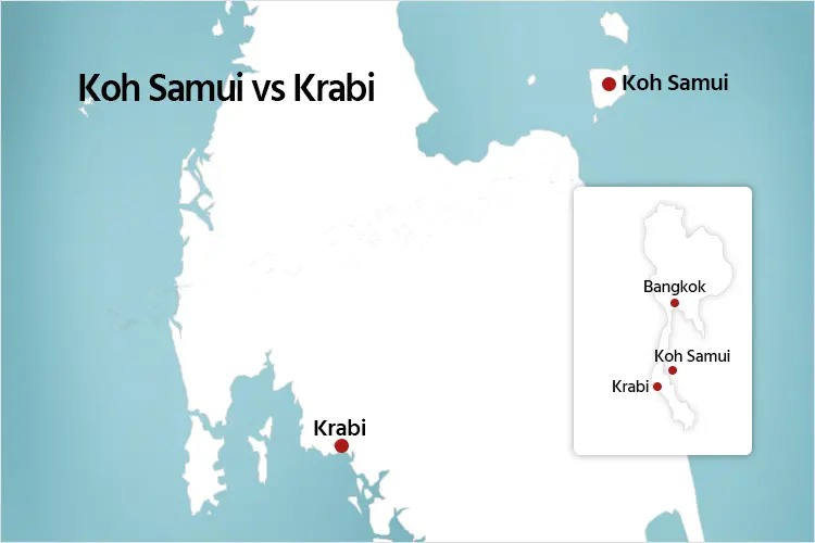 Carte sur les situation géographiques de Krabi et de Koh Samui
