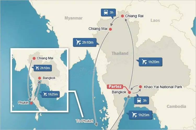 Carte de voyage en Thaïlande