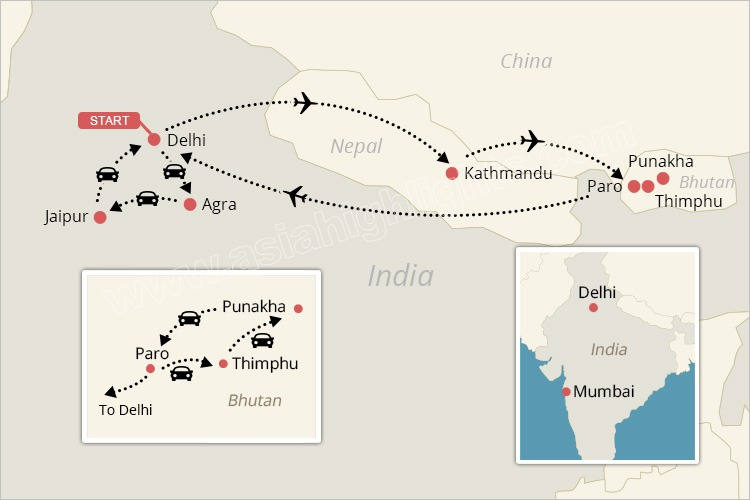 Carte d'itinéraire de voyage en Asie du Sud